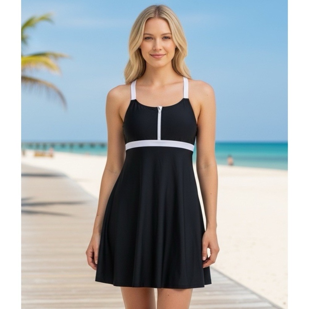 Lands' End Women's S Swim Dress Attached Bottom B&W NEW‎ Bodice Zipper